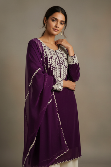 Purple Dola Readymade Sharara Set With Organza Dupatta