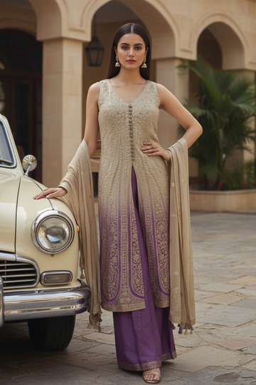 Tussar Mauve Loom Readymade Suit & Palazzo Pants With Georgette Dupatta