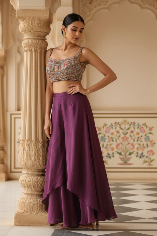 Wine Organza Readymade Sharara Set With Organza Shrug