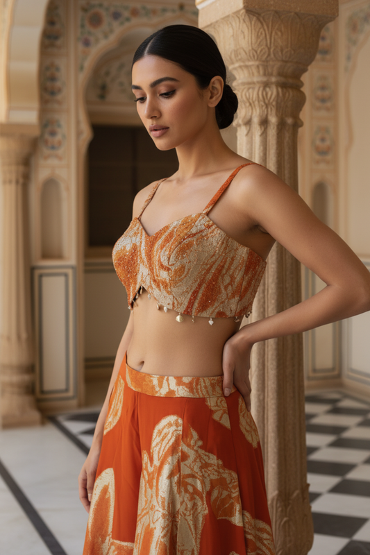 Rust Georgette Readymade Sharara Set With Shrug