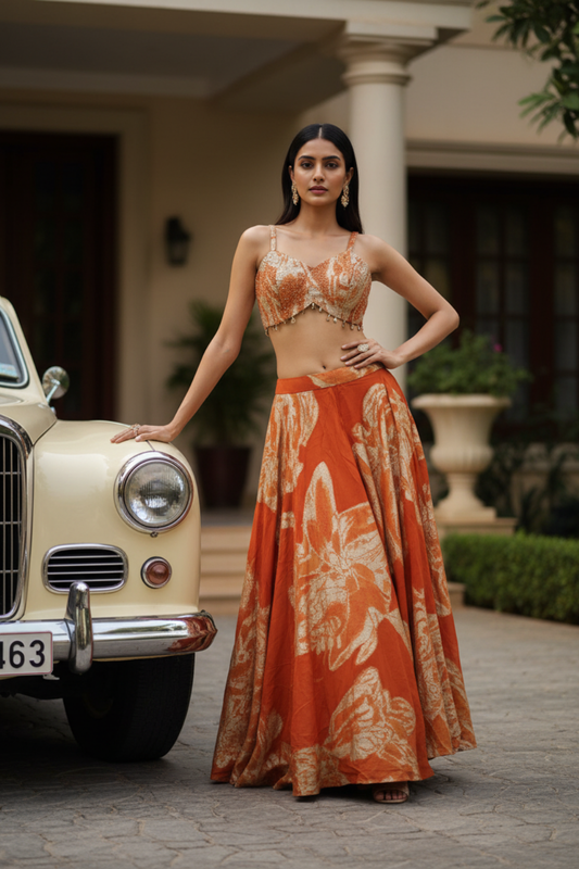 Rust Georgette Readymade Sharara Set With Shrug