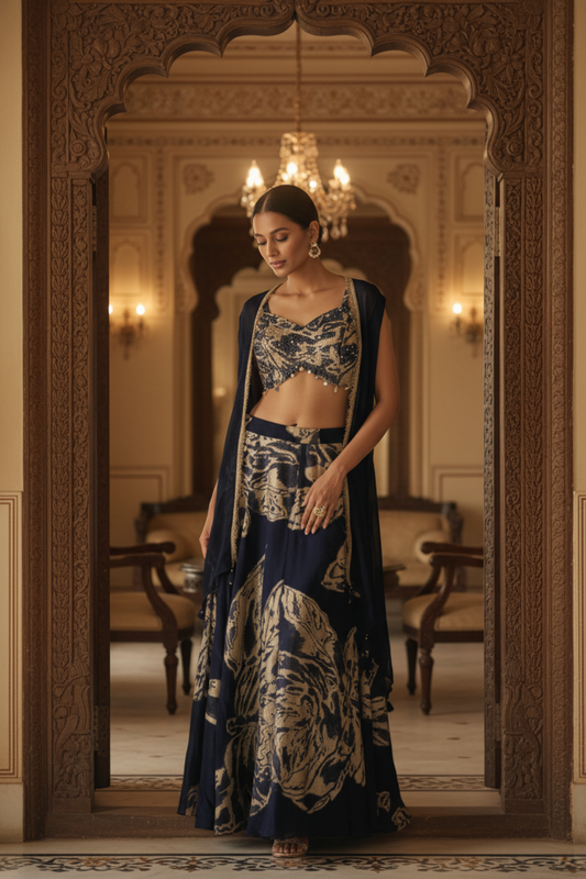 Navy Blue Georgette Readymade Sharara Set With Shrug