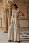 Cream Shimmer Tissue Readymade Suit & Palazzo Pants With Jacket