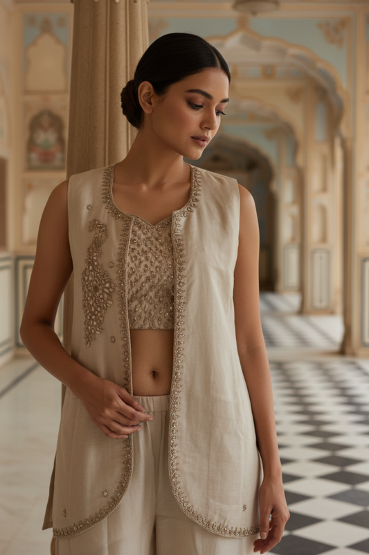 Cream Shimmer Tissue Readymade Palazzo Pants Set  With Jacket