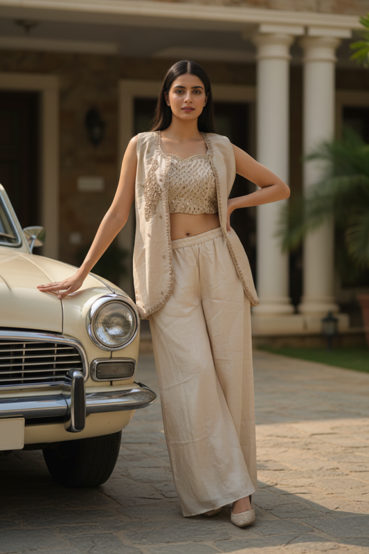Cream Shimmer Tissue Readymade Palazzo Pants Set  With Jacket