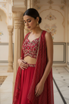 Maroon Crepe Readymade Short Top And Dhoti Skirt With Shrug