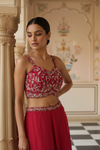 Maroon Crepe Readymade Short Top And Dhoti Skirt With Shrug