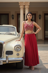 Maroon Crepe Readymade Short Top And Dhoti Skirt With Shrug