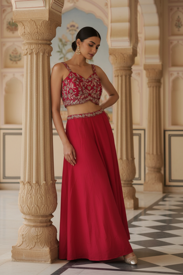 Maroon Crepe Readymade Short Top And Dhoti Skirt With Shrug