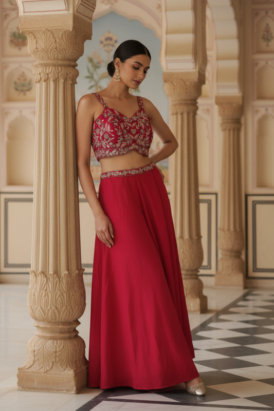 Maroon Crepe Readymade Short Top And Dhoti Skirt With Shrug