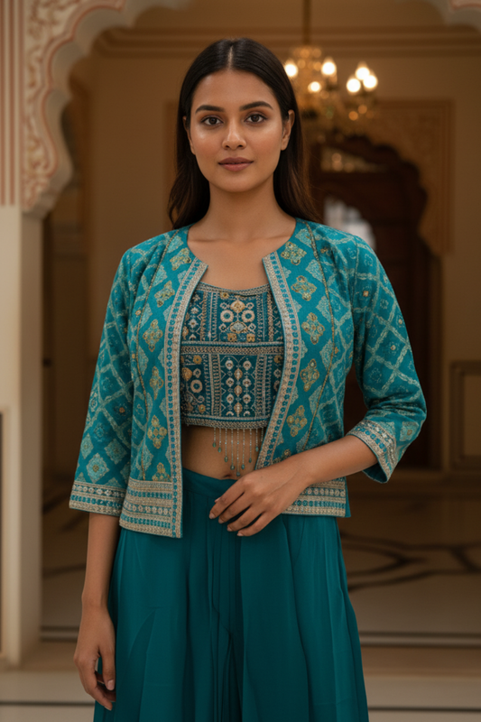 Rama Green Crepe Readymade Sharara Set With Jacket