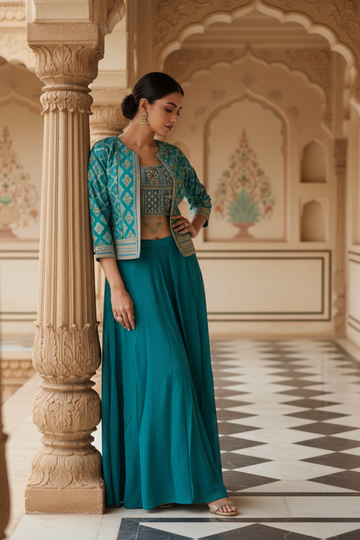 Rama Green Crepe Readymade Sharara Set With Jacket