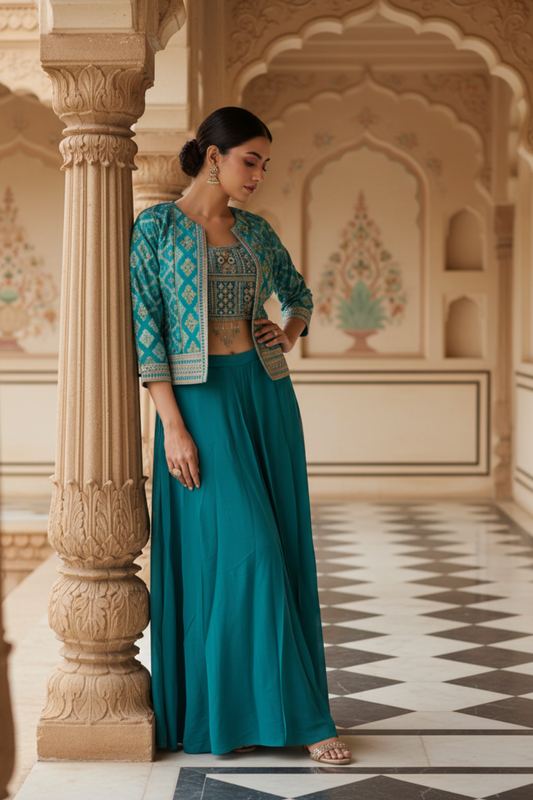 Rama Green Crepe Readymade Sharara Set With Jacket