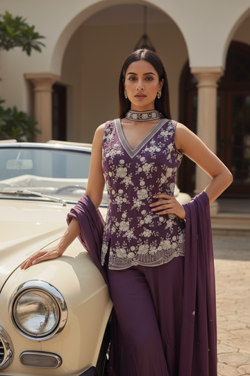 Mauve Chinon Readymade Sharara Set With Chinon Dupatta