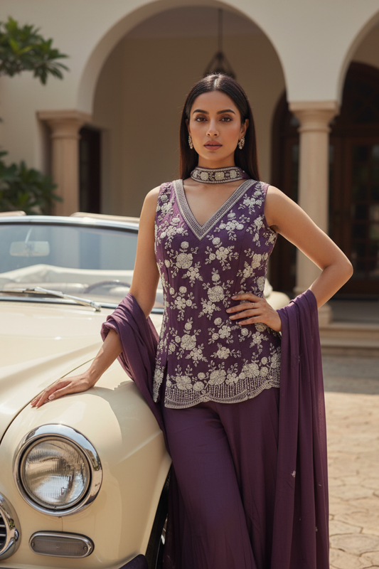 Mauve Chinon Readymade Sharara Set With Chinon Dupatta