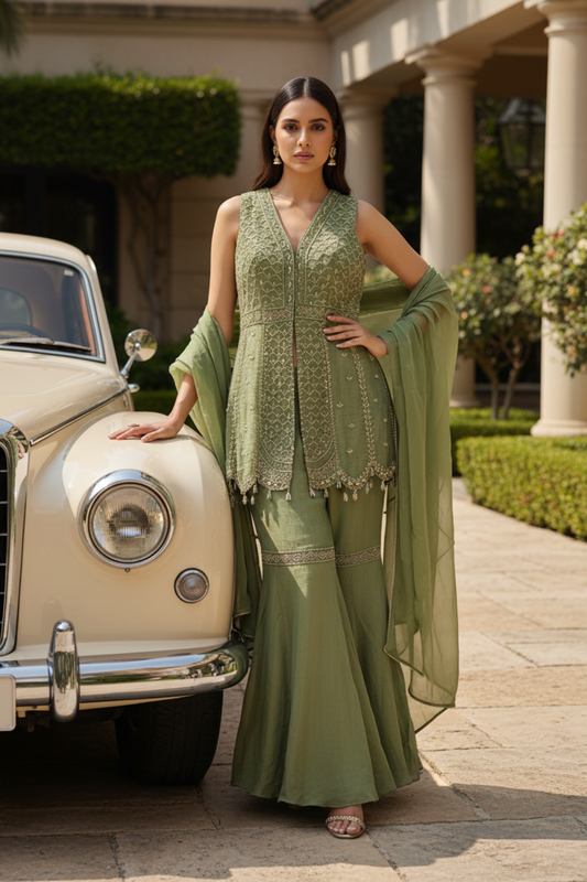 Pista Crush Tissue Readymade Sharara Set With Tissue Dupatta