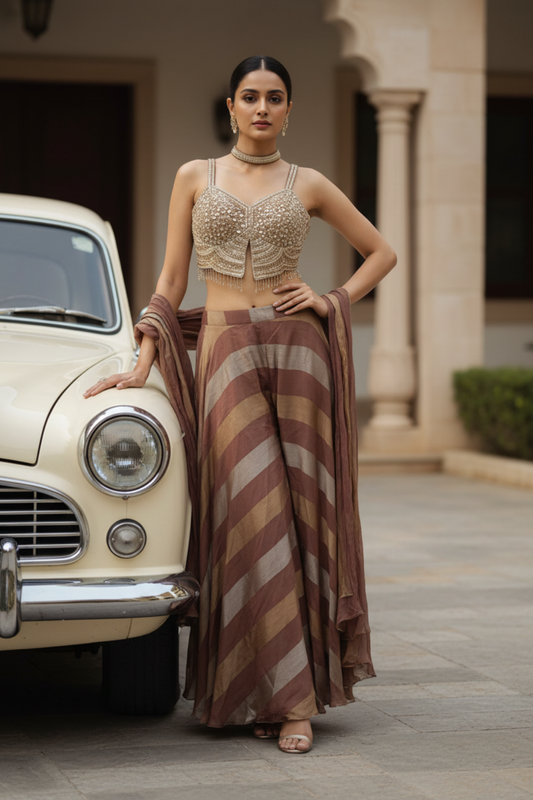 Brown Organza Readymade Sharara Set With Shrug