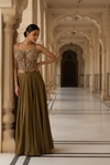 Mehndi Crepe Readymade Sharara Set With Organza Dupatta