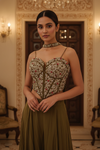 Mehndi Crepe Readymade Sharara Set With Organza Dupatta