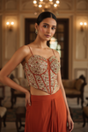 Rust Crepe Readymade Sharara Set With Organza Dupatta