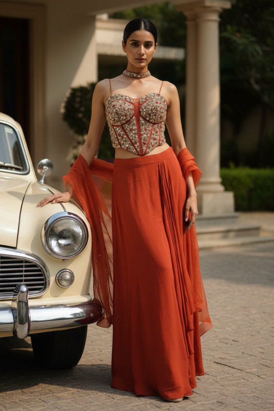 Rust Crepe Readymade Sharara Set With Organza Dupatta