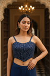 Navy Blue Crepe Readymade Suit And Dhoti Skirt With Crepe Dupatta