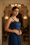 Navy Blue Crepe Readymade Suit And Dhoti Skirt With Crepe Dupatta