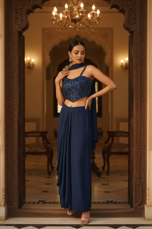 Navy Blue Crepe Readymade Suit And Dhoti Skirt With Crepe Dupatta