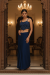 Navy Blue Crepe Readymade Suit And Dhoti Skirt With Crepe Dupatta