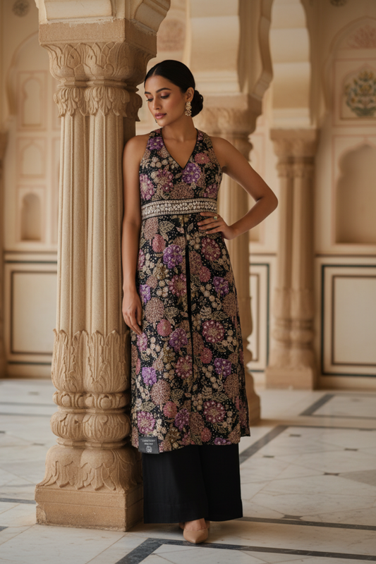 Black Chinon Readymade Suit & Palazzo Pants With Net Dupatta