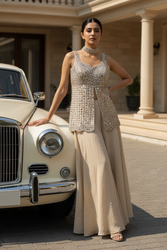 Off White Shimmer Readymade Sharara Set With Shimmer Dupatta