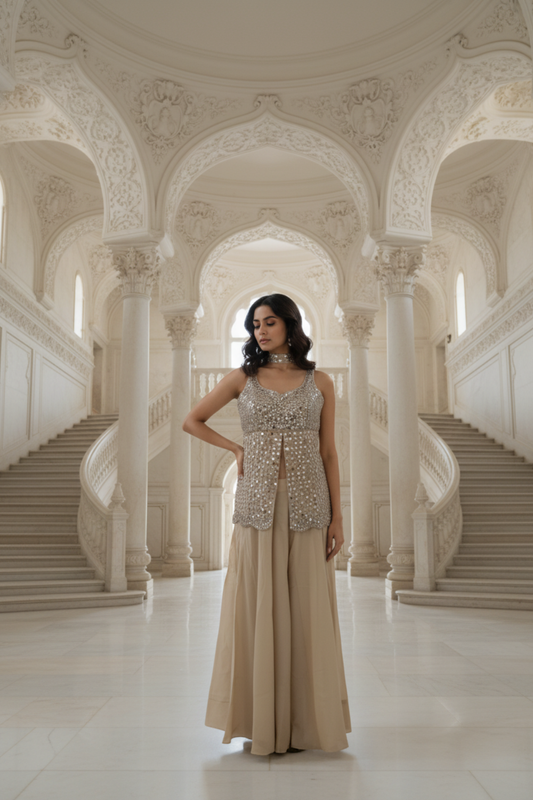 Off White Shimmer Readymade Sharara Set With Shimmer Dupatta