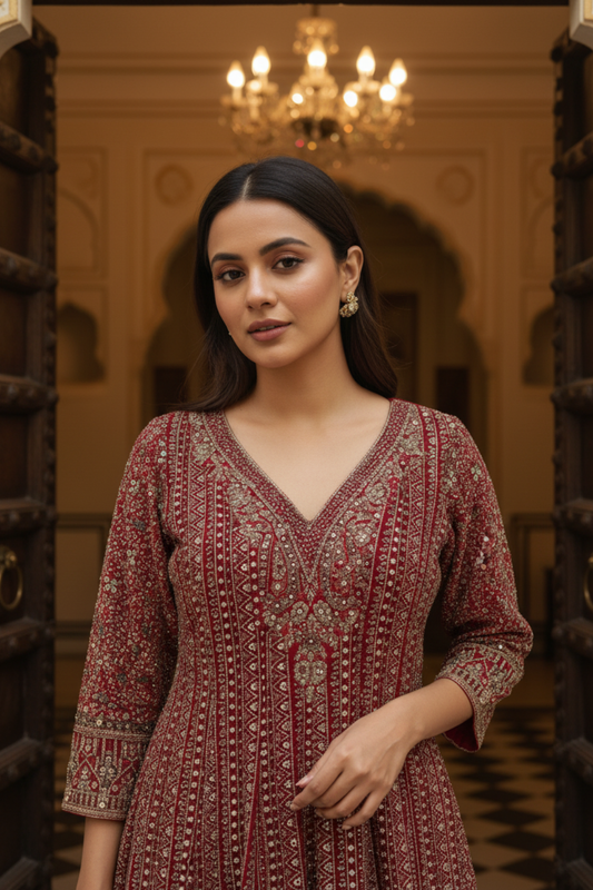 Garnet Georgette Readymade Suit & Leggings With Chinon Dupatta