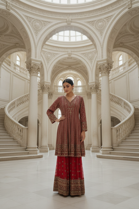 Garnet Georgette Readymade Suit & Leggings With Chinon Dupatta