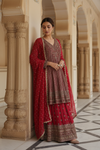 Garnet Georgette Readymade Suit & Leggings With Chinon Dupatta