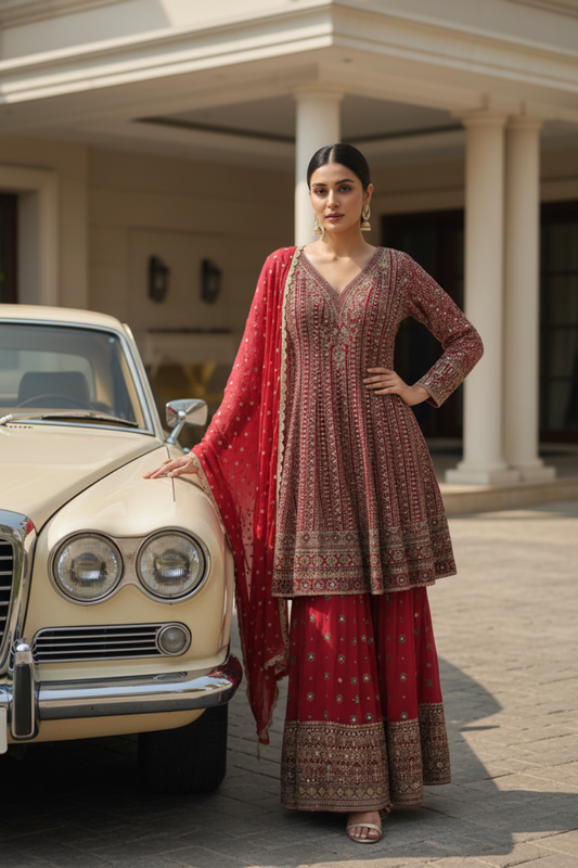 Garnet Georgette Readymade Suit & Leggings With Chinon Dupatta