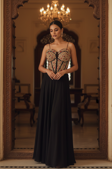 Black Crepe Readymade Sharara Set With Organza Dupatta