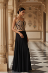 Black Crepe Readymade Sharara Set With Organza Dupatta