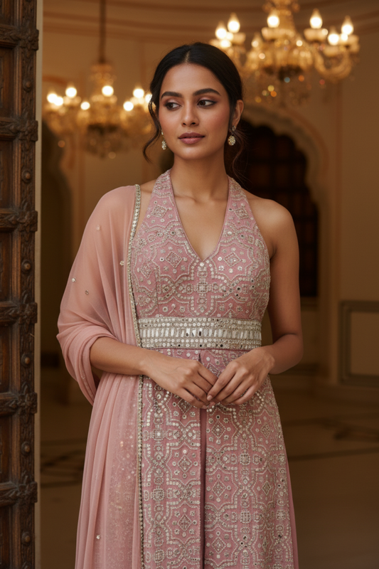 Gajari Tissue Readymade Suit & Palazzo Pants With Net Dupatta