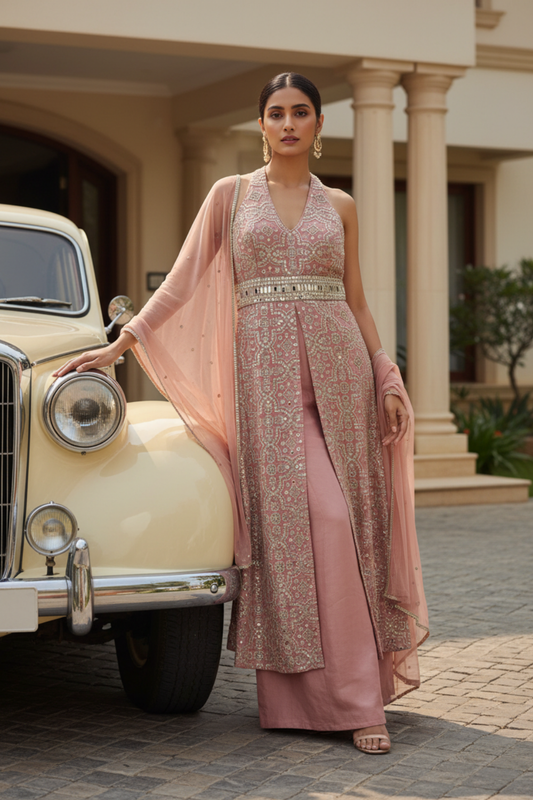 Gajari Tissue Readymade Suit & Palazzo Pants With Net Dupatta