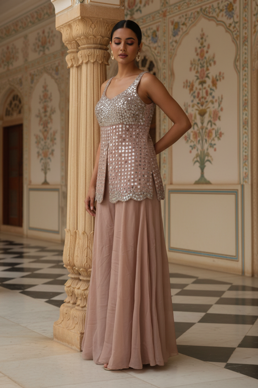 Onion Shimmer Readymade Sharara Set With Shimmer Dupatta