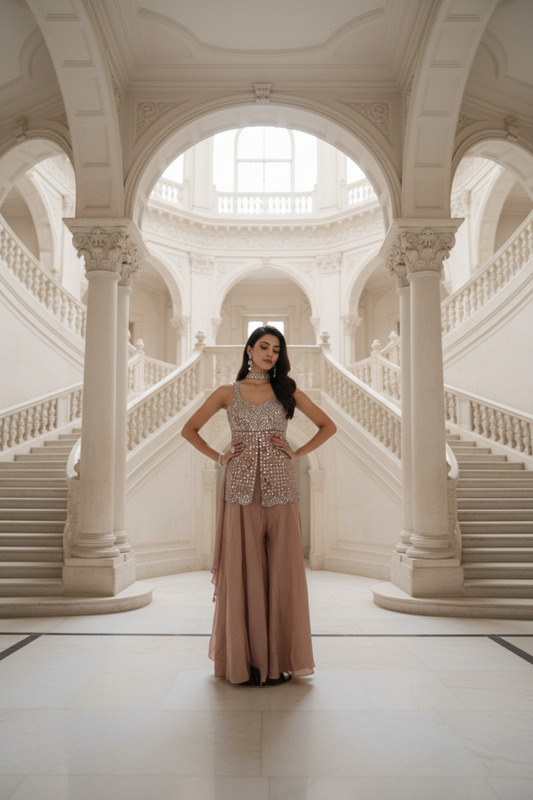 Onion Shimmer Readymade Sharara Set With Shimmer Dupatta