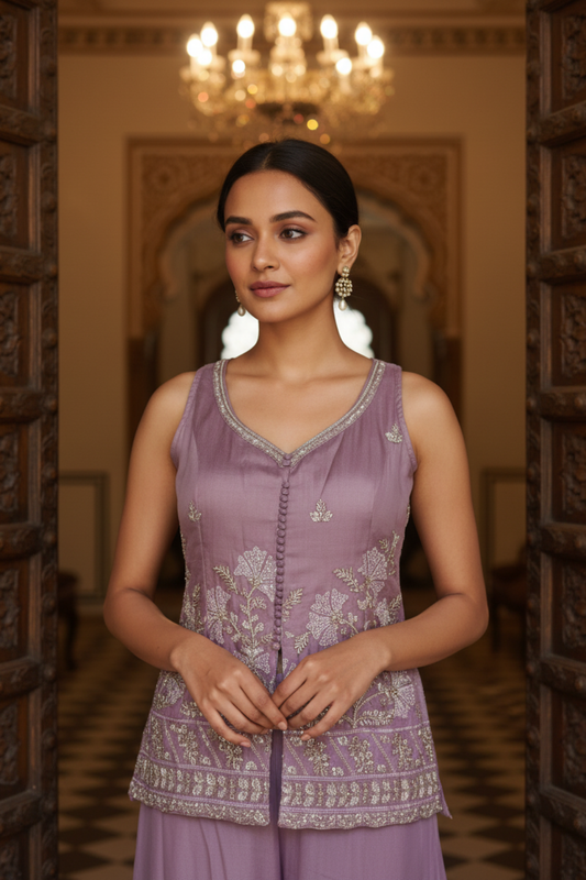 Mauve Shimmer Readymade Sharara Set With Tissue Dupatta