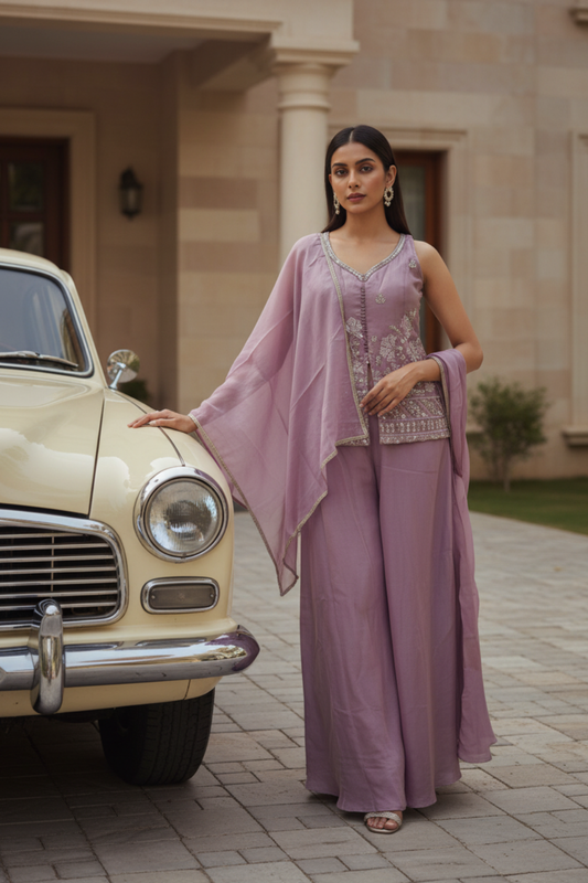 Mauve Shimmer Readymade Sharara Set With Tissue Dupatta