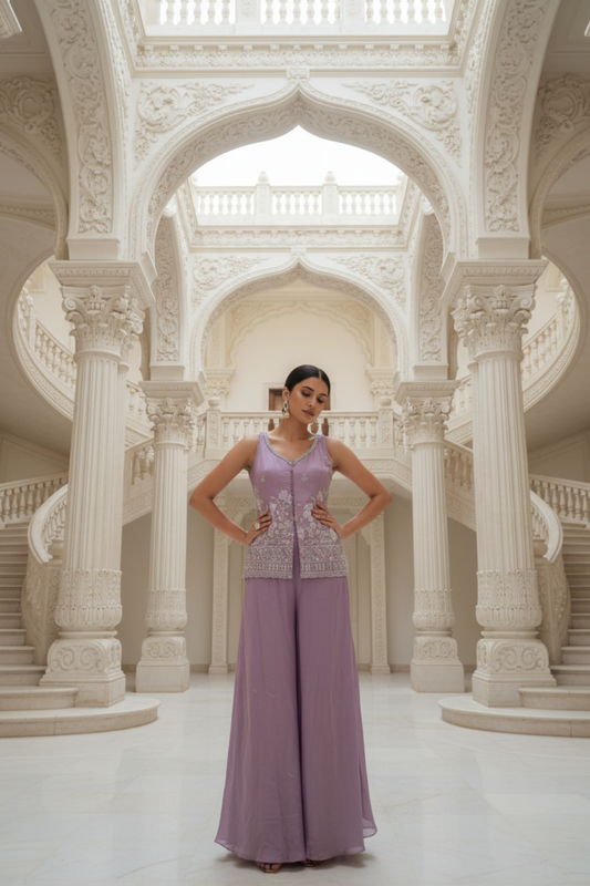 Mauve Shimmer Readymade Sharara Set With Tissue Dupatta