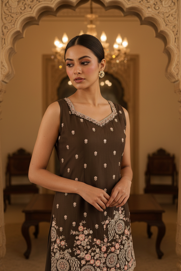 Brown Foil Tissue Readymade Sharara Set With Tissue Dupatta
