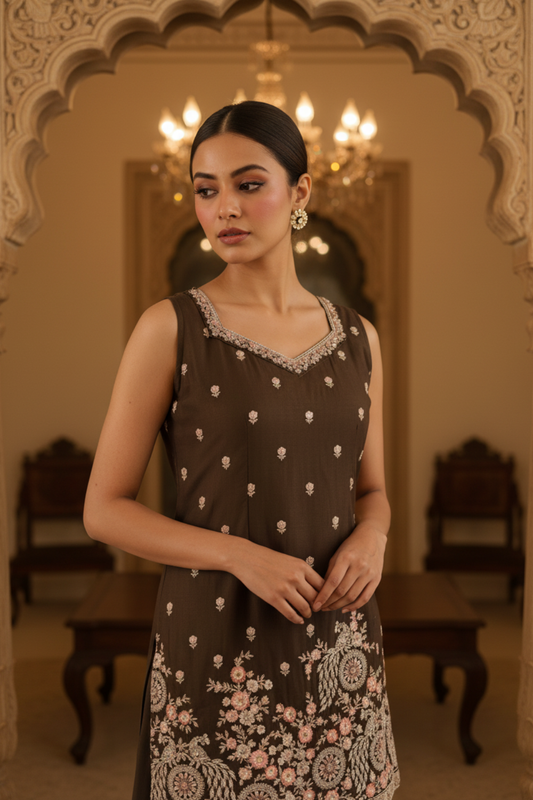 Brown Foil Tissue Readymade Sharara Set With Tissue Dupatta