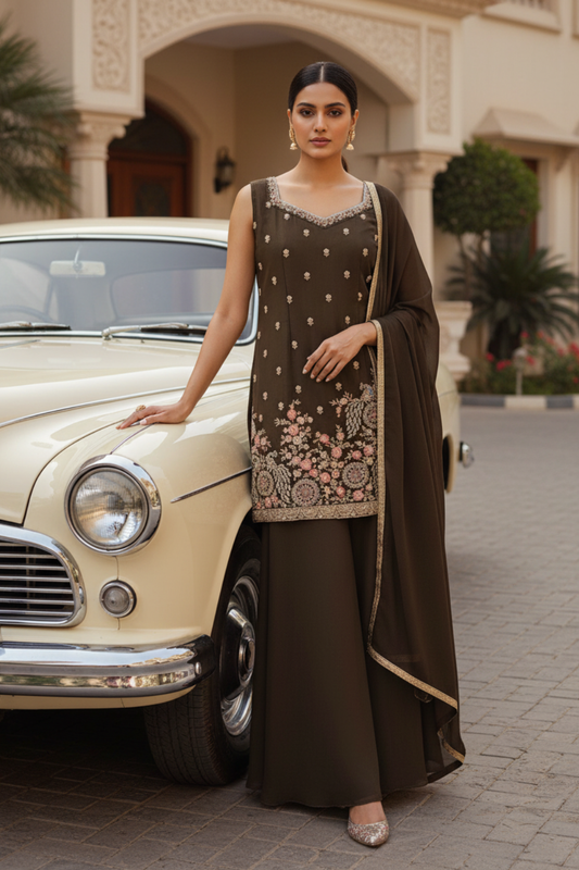 Brown Foil Tissue Readymade Sharara Set With Tissue Dupatta