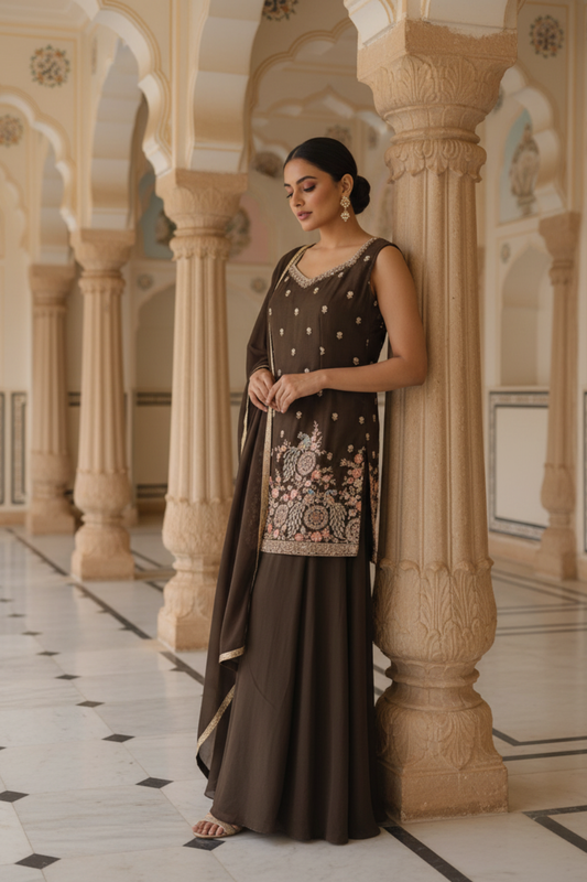 Brown Foil Tissue Readymade Sharara Set With Tissue Dupatta