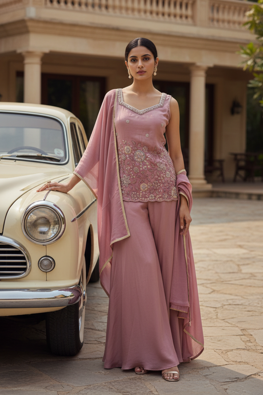 Mauve Foil Tissue Readymade Sharara Set With Tissue Dupatta